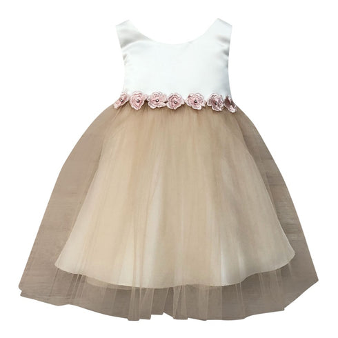 Petite Adele Baby Girls Champagne Satin Tulle Tea Length Flower Girl Dress 6-24M - SophiasStyle.com